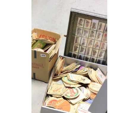 Large Collection of Vintage Beer Mats together with a Framed and Mounted Set of Will's Locomotives Cigarette Cards