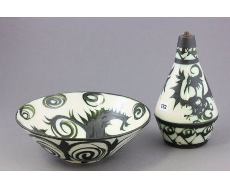 Celti Pottery, Newlyn, Cornwall Bowl and Table Lamp Base by Maggi Fisher and decorated with a Dragon