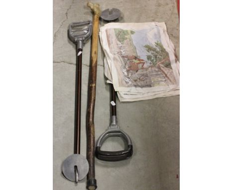 Two Shooting Sticks, Walking Stick with Horn Handle and 8 Hunting Scene Place Mats