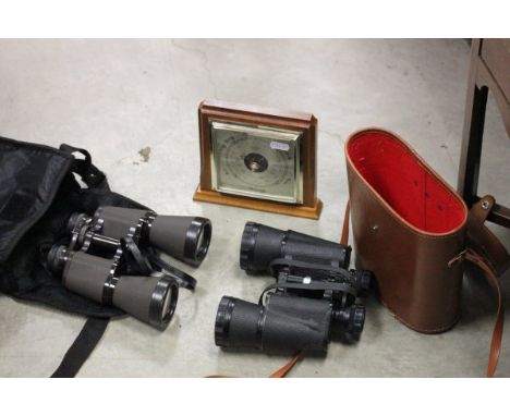 Cased Zenith Tempest Binoculars, Halina Binoculars and a Small Square Barometer