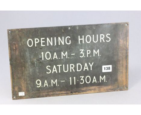 Vintage Brass Plaque 'Opening Hours 10am - 3pm, Saturday 9am - 11.30am'