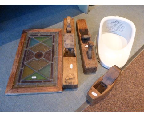 Small Stained Glass Panel, Three Block Planes and a Ceramic Bed Pan