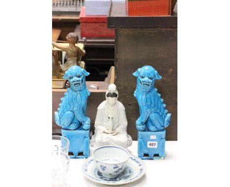 Pair of Blue Glazed Dogs of Foes, Ceramic Figure of Guan Yin and a Chinese Underglazed Blue Plate and Bowl