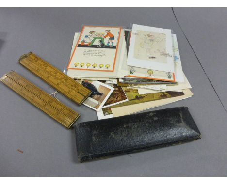 Two Vintage Boxwood Rulers together with a Cased Drawing Set and a Quantity of Postcards
