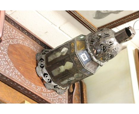 Persian Metal and Coloured Glass Lantern together with an Indian Hardwood Carved Tray