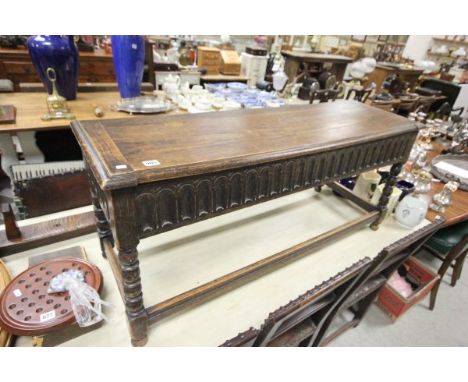 Oak Bench / Window Seat with Lift Lid and Lunette Carving on Bobbin Legs