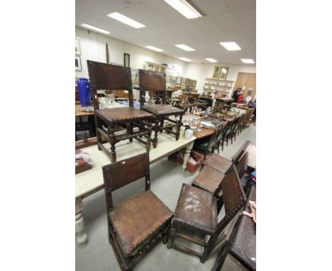 Set of Six 18th century Style Oak Dining Chairs with Brass Studded Spanish Leather Seats and Back raised on square and bobbin