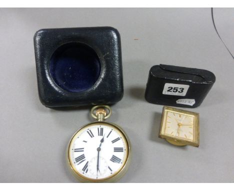 Goliath Pocket Watch in Tooled Leather Travelling Case together with a Travel Alarm Clock by Gubelin 