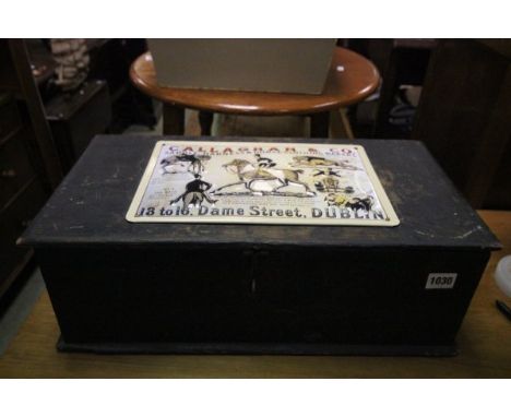 Small Vintage Stained Pine Box with Tin 'Callaghan & Co Saddlery' plaque to top