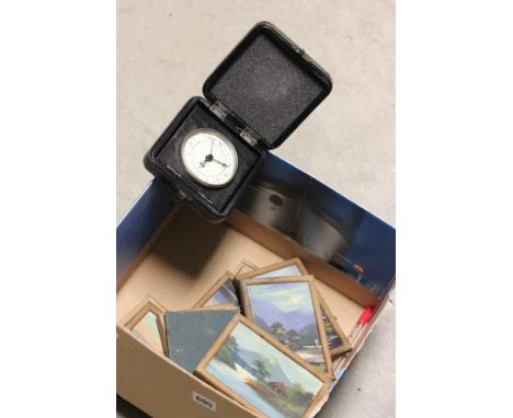 Nine Miniature Japanese Oil Paintings on Board of Landscapes, Travel Clock, Part Autograph Album, Thermometer, etc