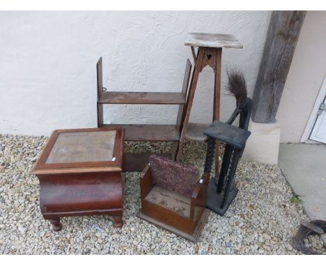 African Trinal CD Rack, Victorian Mahogany Commode Box Stool, Mahogany Shelf, Oak Pot Stand and a Bible Box with Kneeler