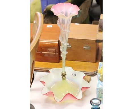 Victorian Single Stem Pink and Green Tinted Glass Epergne