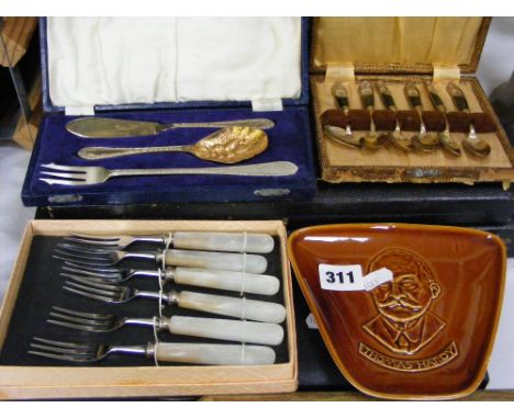 Six boxes of flatware, to include fish servers, a bone handled carving set, gold plated spoons etc and a Thomas Hardy ashtray