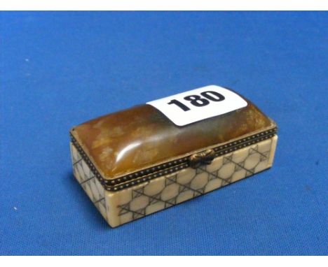 A bone box with moss agate top, the box with diagonal pattern and metal mount.     