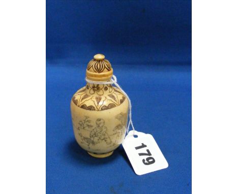 A carved bone snuff bottle decorated with children flying kites and chasing hens with pattern to top and base.     