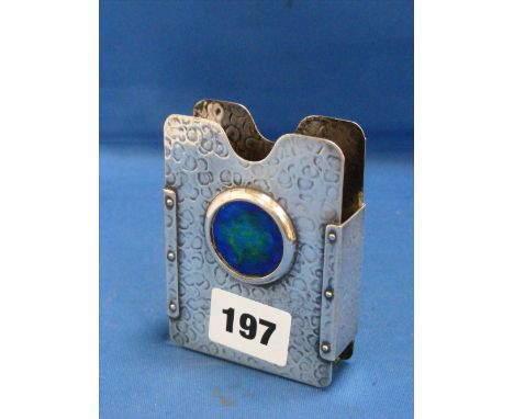 A beautiful Arts and Crafts playing card case, ideal for bridge players, hide in Tudric style with silvered pewter case with 