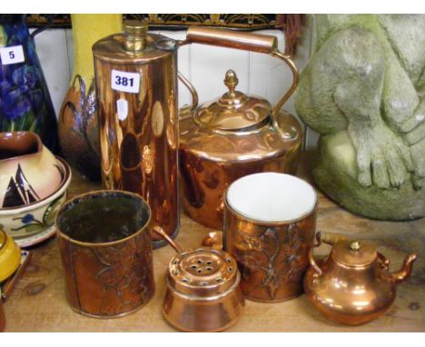 A collection of vintage copper items, to include a water flask, kettle etc.