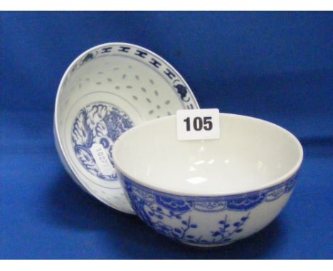 Two blue and white Oriental dishes, one having four character mark to base and depicting prunus blossom, the other with centr