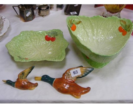A Carltonware Cabbage ware bowl, together with a Beswick Cabbage ware dish and a flight of two ducks.