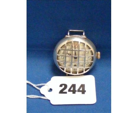 A silver military trench watch with double hinged lug case, white enamel face with Arabic numbers, the watch is numbered and 