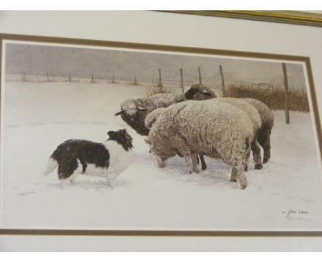 A Limited Edition print 90 of 850 by John Weiss (signed in pencil by the artist) of sheep and dog in winter.