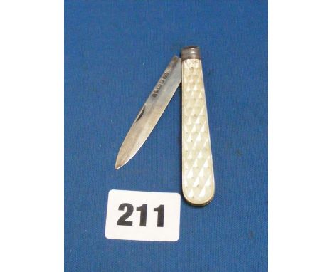 A silver and mother of pearl handled penknife, the mother of pearl with silver studding.