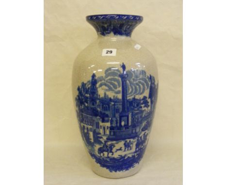 A large blue and white ceramic vase, possibly Continental, of baluster form with transfer print decoration depicting a Contin