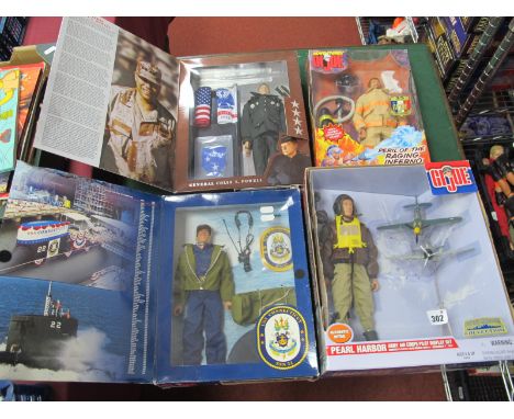 Four Boxed GI Joe Figures, to include Pearl Harbor Display Set, Connecticut Crewman and two others, boxes poor/good.