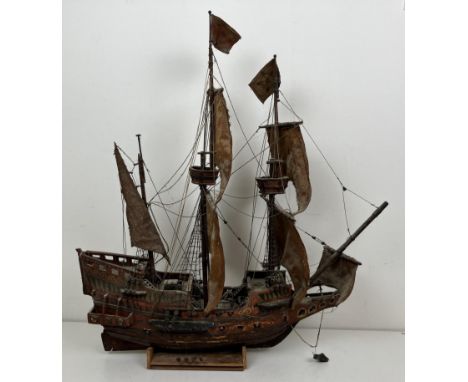A model of a galleon, a copper bowl, assorted metalwares and other items (qty) 