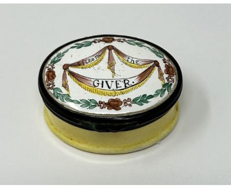 A 19th century oval enamel box, Love The Giver, 5 cm wide 