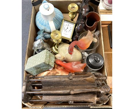 A brass and glass carriage clock, an African carving of six men, assorted other items (box)