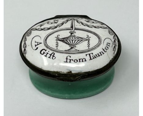 A 19th century oval enamel box, A Gift From Taunton, 3 cm wide 