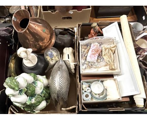 A cast metal figure of a flying pig, a mahogany tea caddy, and assorted other items (2 boxes) 