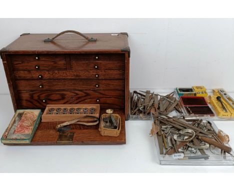 A group of assorted watchmakers and other tools, in a cabinet, and others loose (box) 