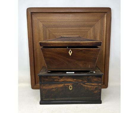 A 19th century coromandel tea caddy, the hinged top to reveal two caddies and a mixing bowl, 31 cm wide, a mahogany tea caddy