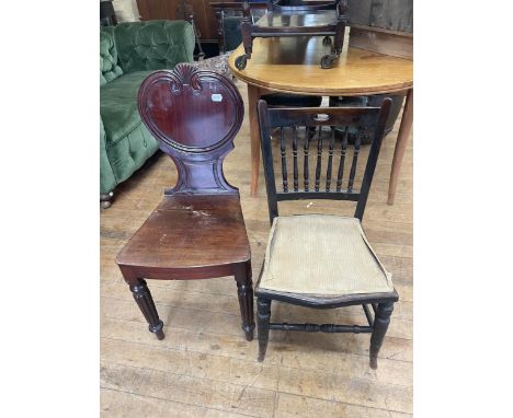 A mahogany hall chair, a single chair, two occasional tables, a trolley, a Sutherland table, a commode, a corner cabinet, and