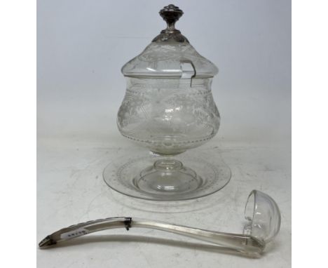 An etched glass bowl, cover, stand and ladle, with silver coloured metal mounts, 28 cm high (2)