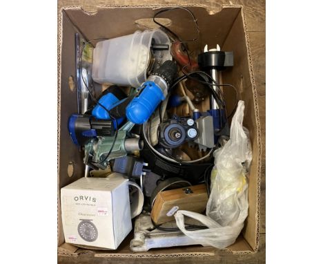 Assorted tools, a telescope, and other items (qty) 