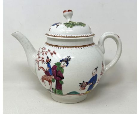 A mid-18th century Worcester porcelain teapot and cover, decorated Long Eliza pattern, in enamel colours, 14.5 cm highCover w
