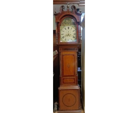 A longcase clock, the 34.5 cm arched square painted dial with Roman numerals, subsidiary seconds dial and calendar aperture, 