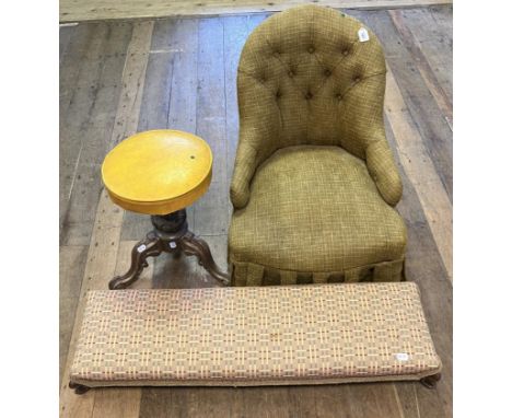 A button back armchair, an adjustable piano stool, and a footstool (3) 