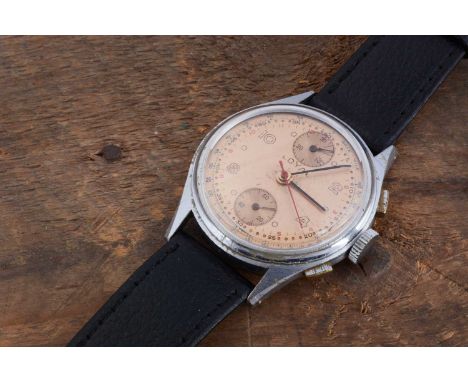 A vintage Loyal (Watch Co) manual wind chromed wristwatch, 35mm, rose gold coloured dial with two subsiduaries, with two push