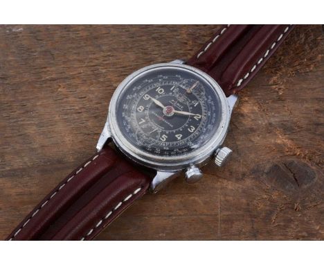 A vintage Pierce (Watch Co Inc.) manual wind chromed wristwatch, 34mm, black complicated dial with two subsiduaries, with one