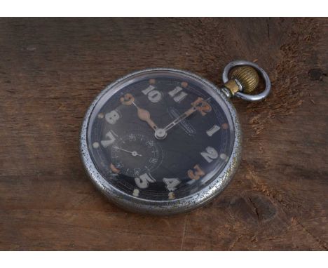 A WWII period Jaeger-LeCoultre military issue open faced chromed pocket watch, 51mm, As Found, black dial with Arabic numeral