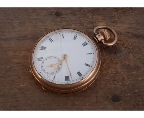 A 1920s Buren 9ct gold open face pocket watch,  48.7mm, white enamel dial with roman numerals, glass cracked, hallmarked to s