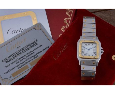 A 1990s Cartier Santos quartz stainless steel and gold wrist watch,  29mm with white enamel dial having roman numerals and na