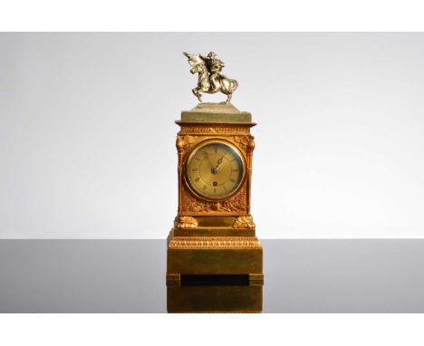 After Louis Janvier, a nice Louis XV style gilt mantle clock with very handsome silver mounted finial, 36cm high, case signed