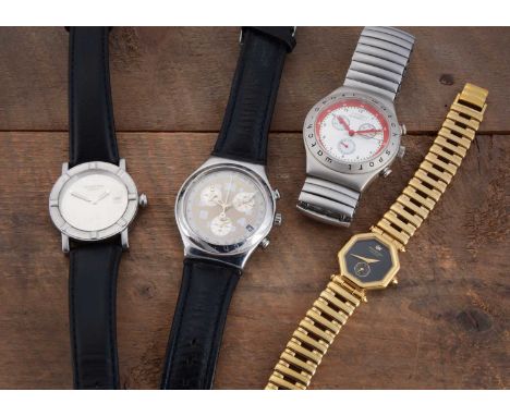 Four modern wristwatches, including a gold plated Raymond Weil, a stainless steel RW on black leather strap, a Swatch Irony a