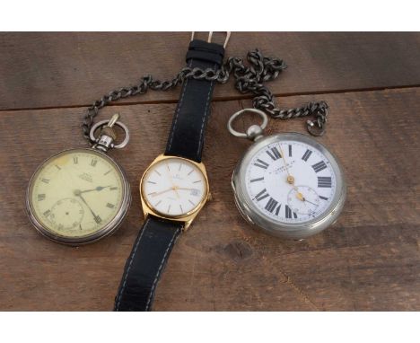 A Key's Keyless silver open faced pocket watch on chain, together with a nickel plated example and a Garrard Quartz wristwatc