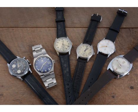 Six vintage mechanical wristwatches, including two Cyma examples, aTissot, a Globa Sport, a Ferrel and an Eterna (6)All watch